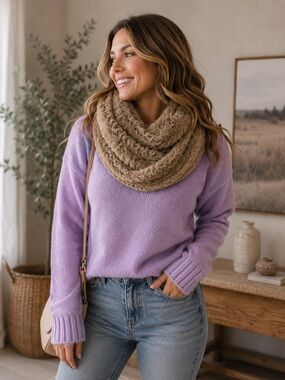 Fuzzy Tan Soft Textured Plush Infinity Loop Scarf Size One Size OS